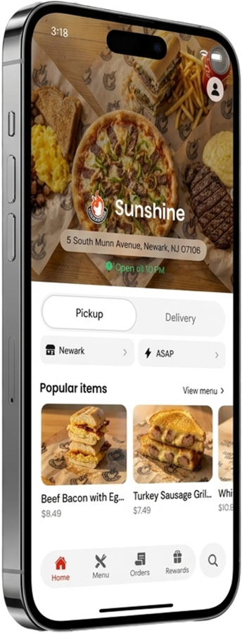 The Sunshine Halal ordering app, showing popular items and the menu
