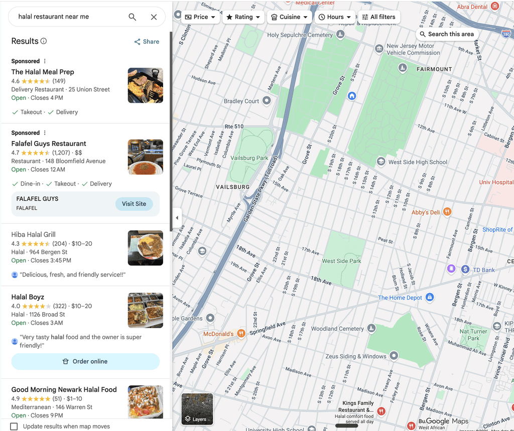 A search for halal food near me, with the restaurant listed first